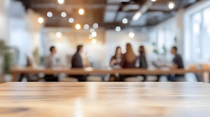 A blurred office setting with a group of employees gathered around a desk engaged in a casual discussion about their work projects and strategies