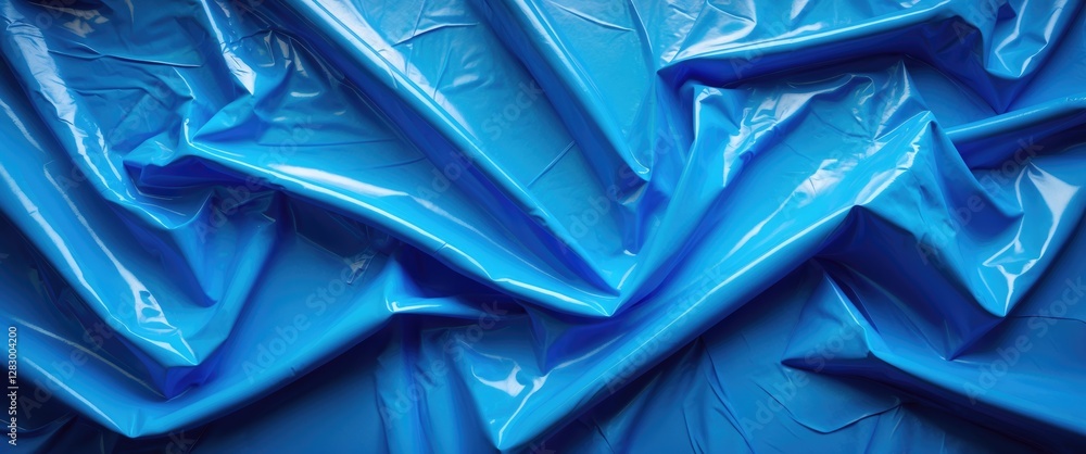 Poster blue glossy plastic sheet with wrinkles and folds creating a smooth textured background.