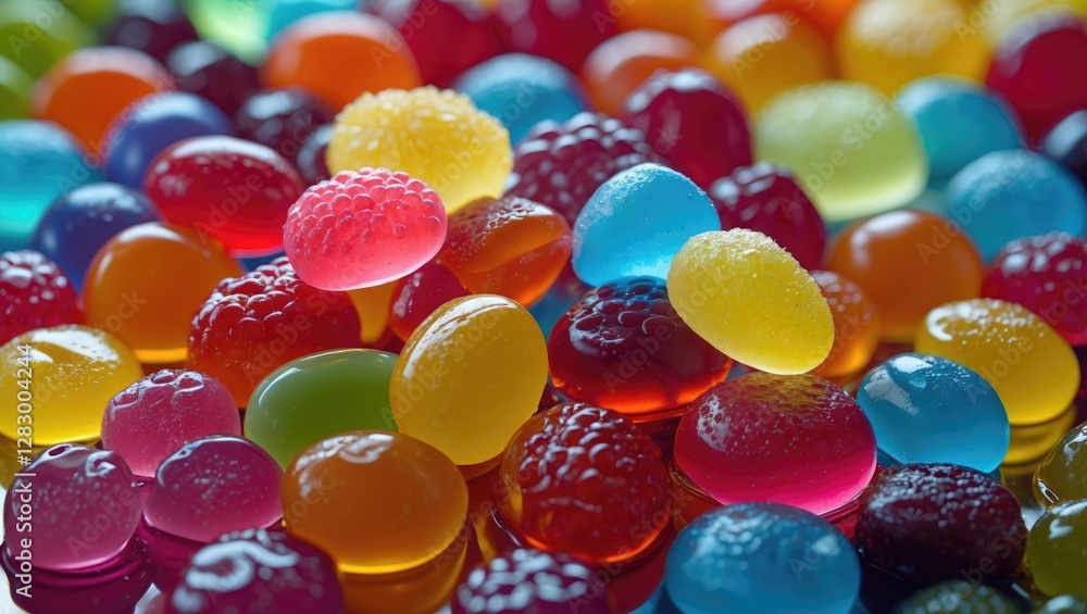 Poster colorful assortment of shiny gummy candies in various shapes and sizes on a reflective surface