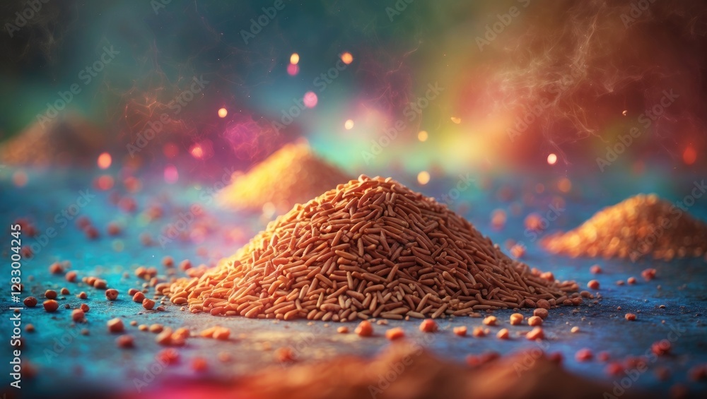 Poster Close-up of spices or grains forming a mound on a textured surface with colorful bokeh background lighting and scattered particles