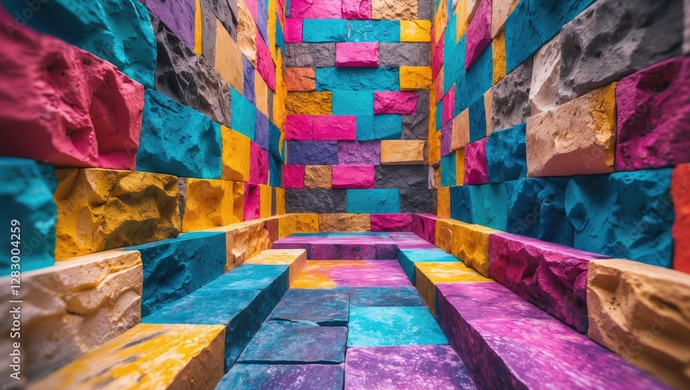 Poster vibrant abstract stone wall with colorful blocks creating a stunning interior design feature and art