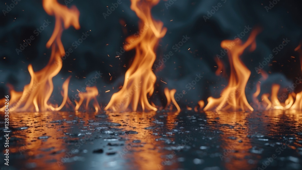 Leinwandbilder Flames with reflections on wet surface in dark setting creating a dramatic lighting effect