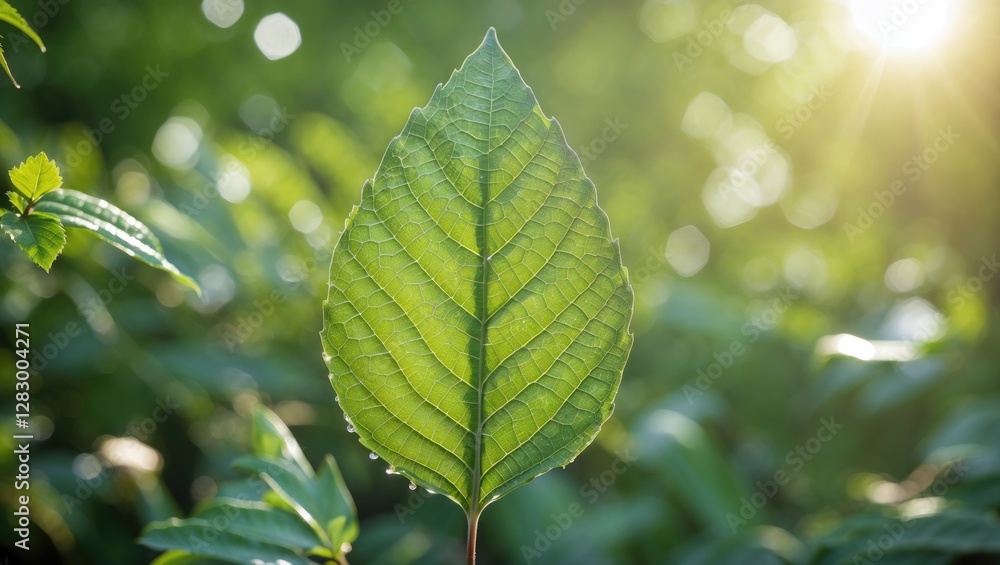 Poster Close-up view of a green leaf illuminated by sunlight with a blurred botanical background in a natural setting