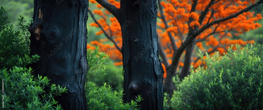 Poster burned tree trunks surrounded by green bushes and vibrant orange flowering tree in the background wi