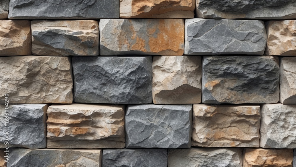 Aufkleber textured wall of uneven stone bricks in varying shades of gray and beige arranged in a systematic ma