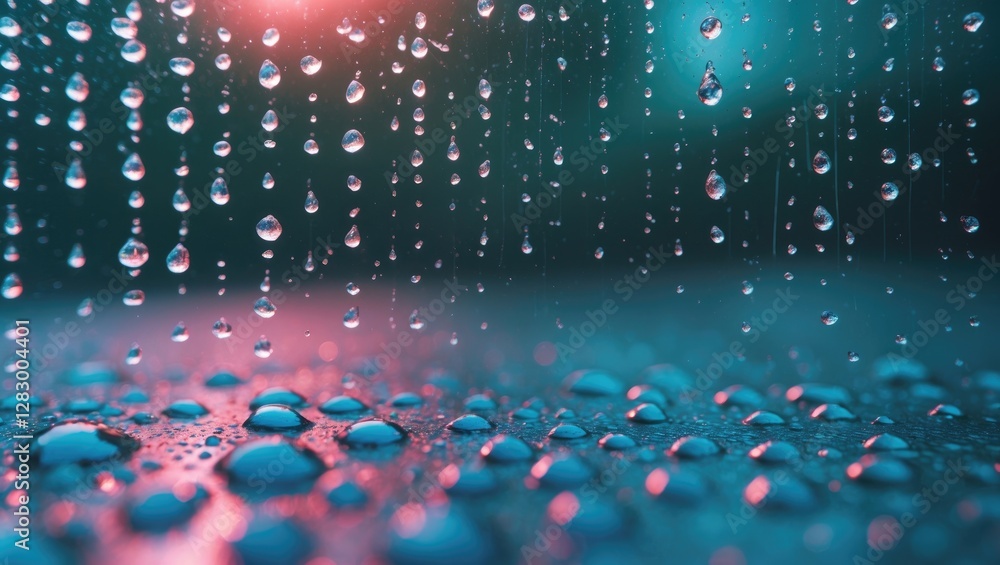 Poster water droplets on glass surface with blurred background and soft light reflections creating a serene