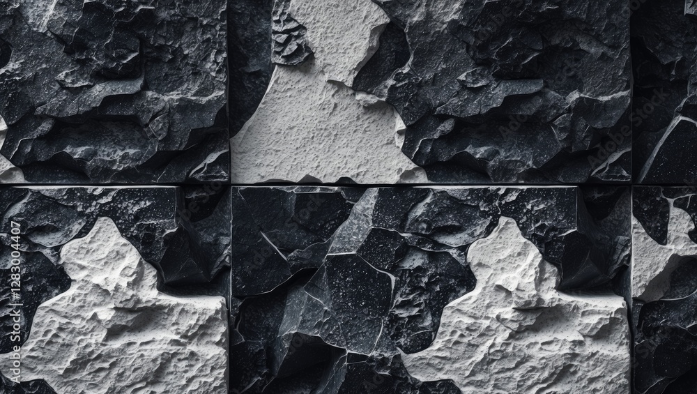 Poster Black and white textured stone surface with abstract patterns and rough rock formations in a seamless tile layout
