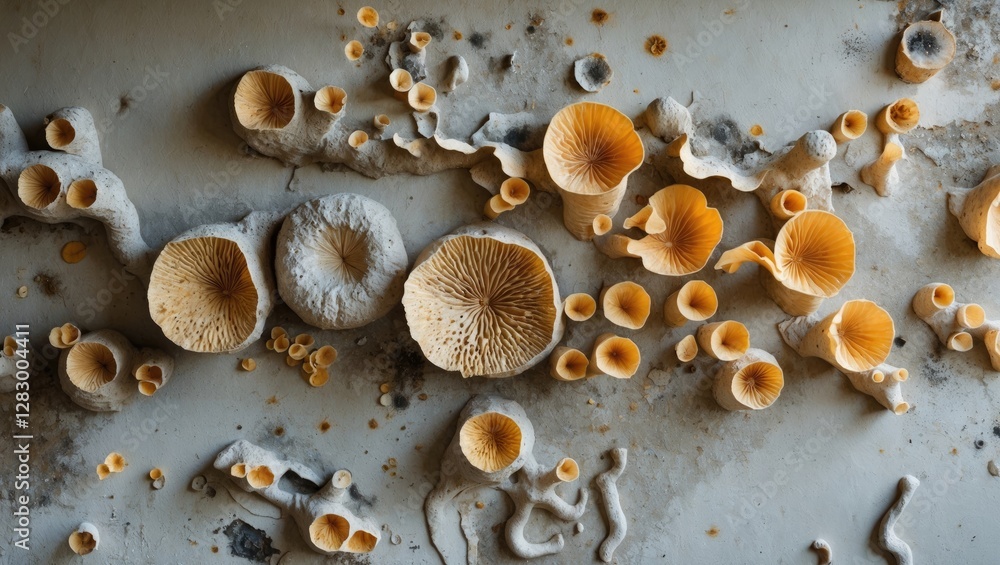 Poster mushrooms and fungi growth on a textured surface with orange and beige tones in a detailed overhead 