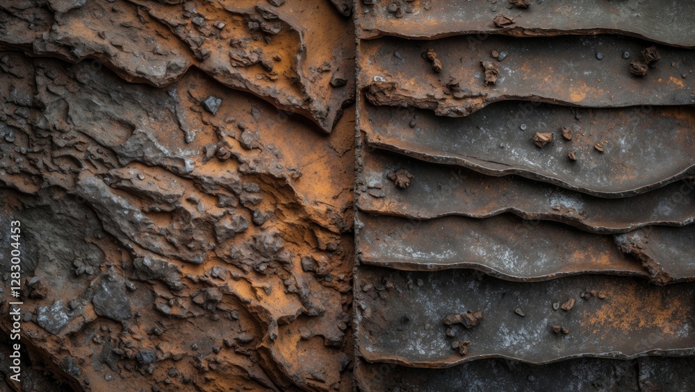 Poster Rusty textured surface with three-dimensional layers and rugged features contrasting with smooth metallic surface detail.