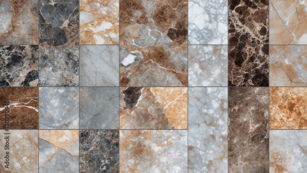 Poster Marble tile texture background with various shades of brown, gray, and cream in a grid pattern for interior design projects.