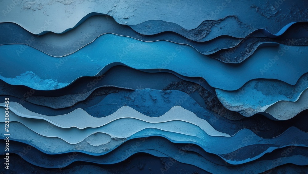 Poster layered abstract blue textures with varying shades by waves in smooth curves and gradients in a cont