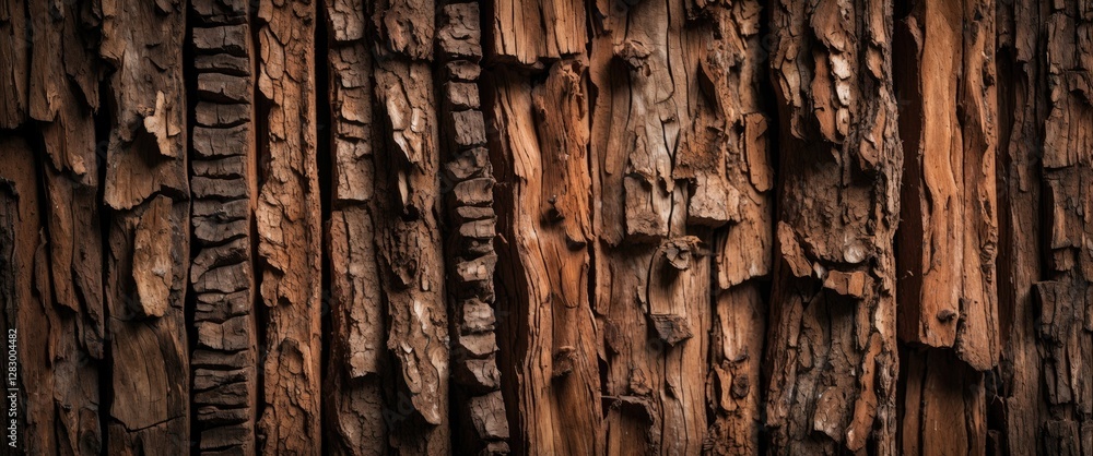 Poster Textured bark of a tree background with deep grooves and rich brown hues creating an organic pattern and natural aesthetic.