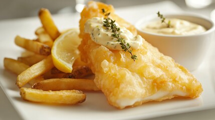 A fine-dining version of fish and chips, where the fish is lightly battered tempura-style, served with truffle fries and a lemon thyme aioli, elegantly plated on a minimalist white dish