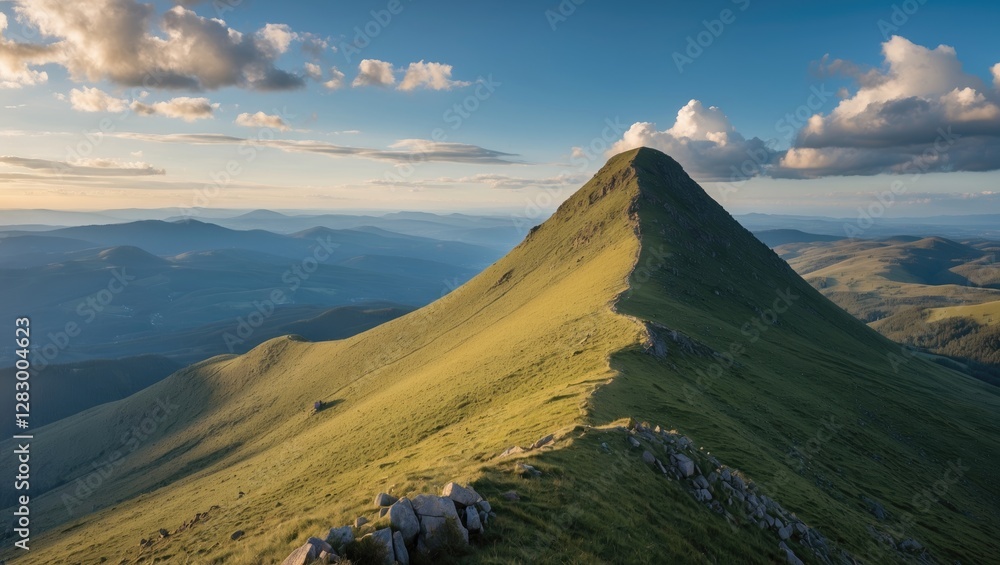 Poster mountain peak landscape under a blue sky with soft clouds and rolling hills in the background during
