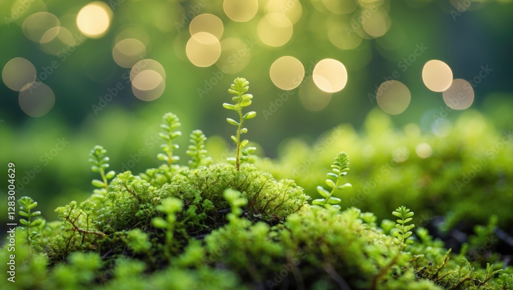 Poster lush green moss with soft bokeh highlights creating a tranquil and serene natural setting in a fores