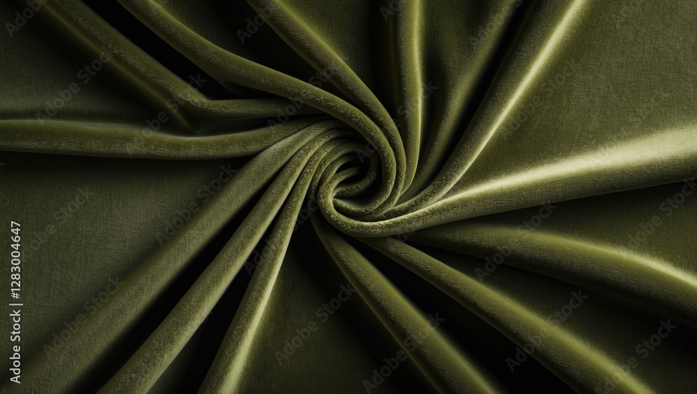 Poster green velvet fabric texture with intricate folds and swirls on a dark background
