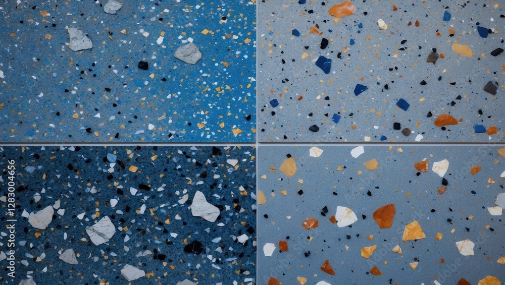 Poster terrazzo texture featuring a mix of gray and blue hues with contrasting stone fragments creating a s
