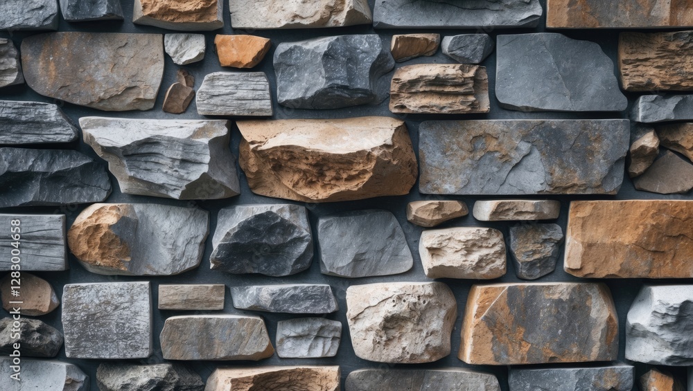 Poster textured stone wall with various shapes and colors of natural stones arranged in a geometric pattern