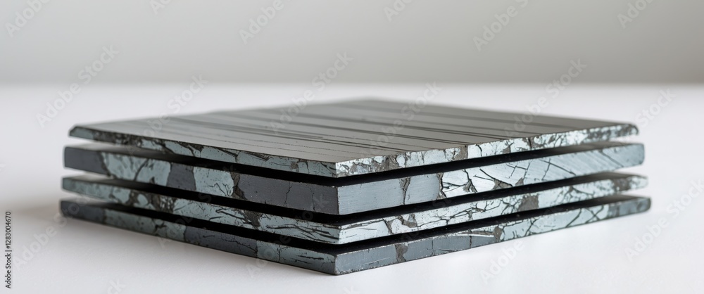Poster Stacked layers of dark metallic material with reflective surfaces arranged on a white background