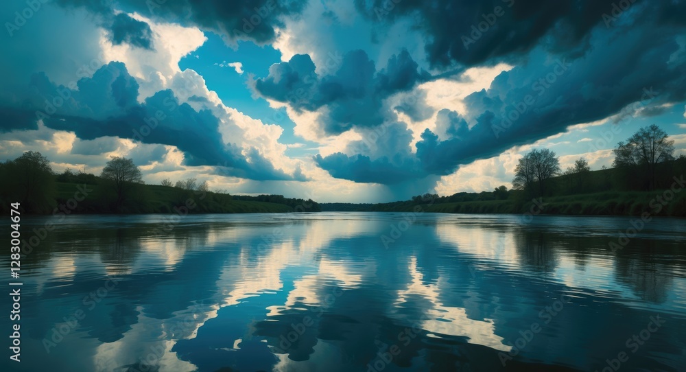 Poster cloudy sky reflecting on calm river surface with trees along the shore and dramatic blue and gray cl