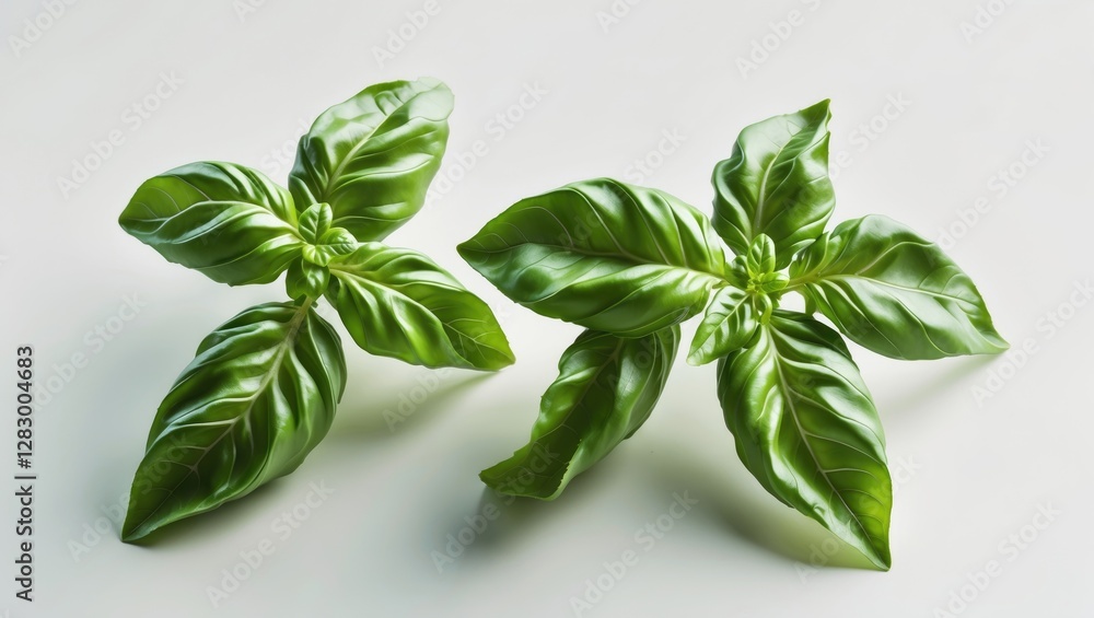Poster fresh basil leaves displayed on a clean white background showcasing vibrant green color and rich tex