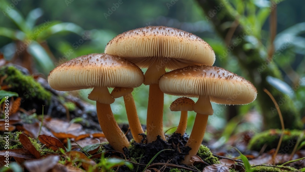 Poster close-up of edible mushrooms with caps and stems in a forest setting surrounded by green foliage and