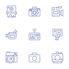 Camera icons set. Thin Line style, editable stroke. instant camera, video camera, photo camera, intercom, video, gopro, camera