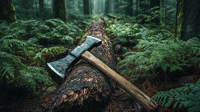 Forest landscape with a wooden log and an axe resting among lush green ferns in a misty woodland setting