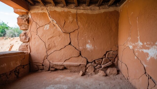 Interior view of a room with cracked and peeling terracotta walls and rustic wooden ceiling in an abandoned building