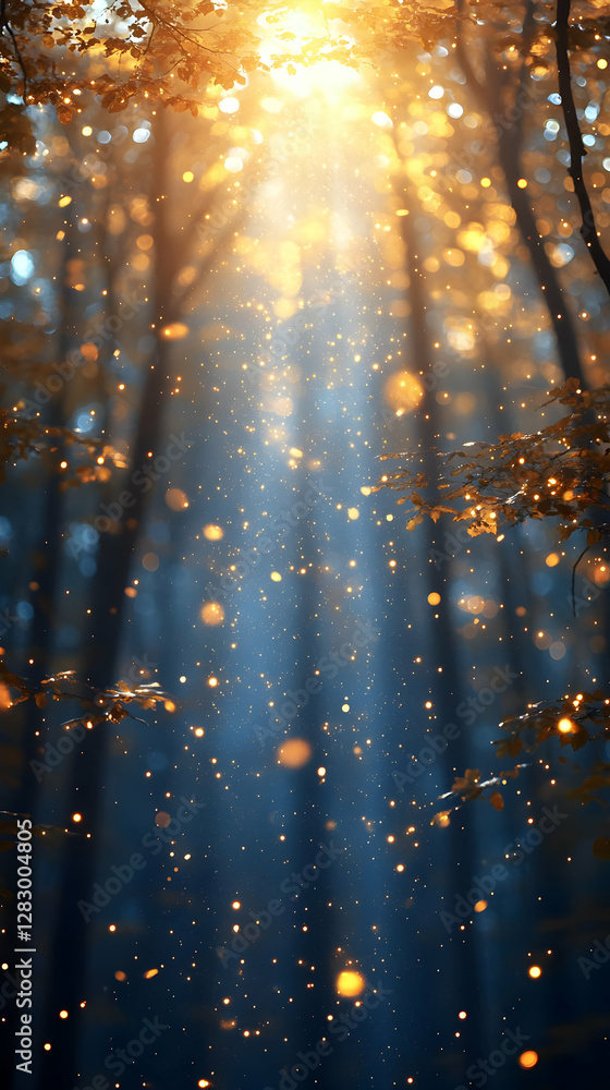 Poster golden sunlight beams through dark forest trees with autumn leaves and sparkling light particles cre