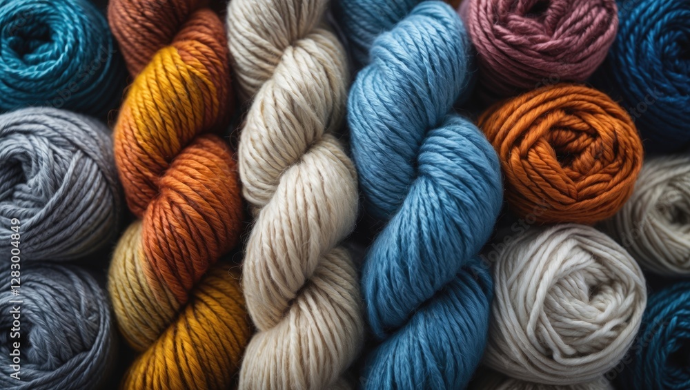 Poster colorful wool yarns arranged in an artistic flat lay background with selective focus highlighting te