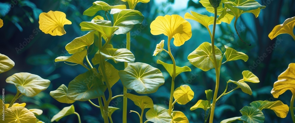 Poster yellow leaves and green plants in natural forest setting with soft lighting and blurred background f