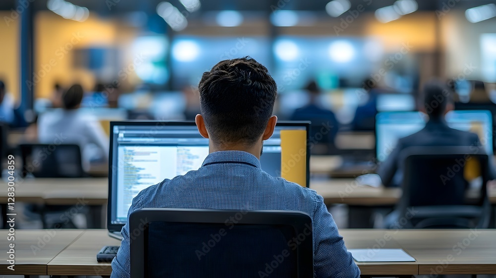 Poster desk with computer in blurred background of an office space with focused view on business profession