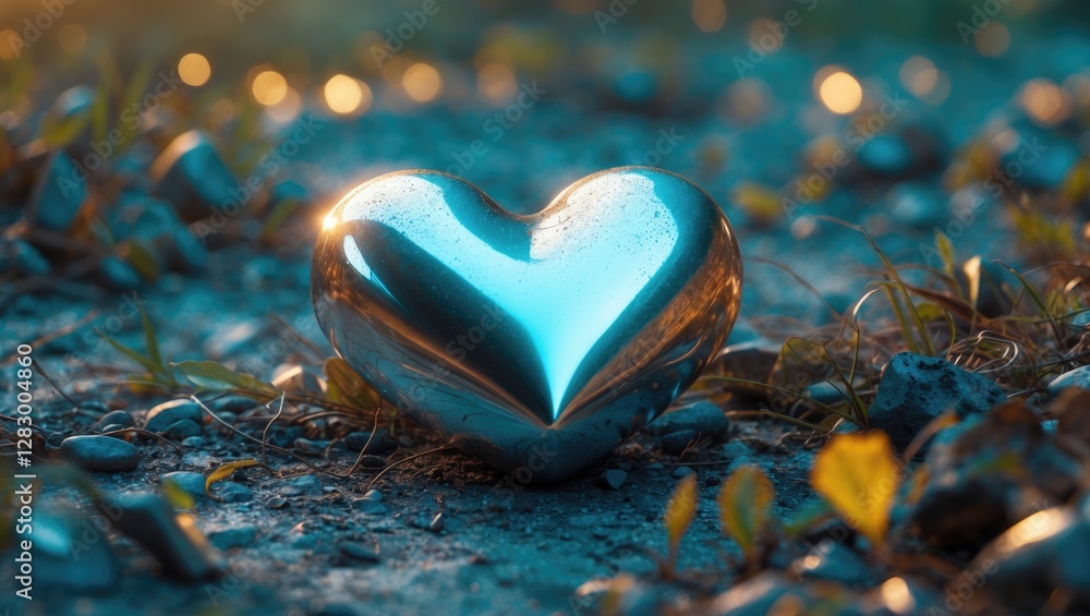 Poster Shiny metallic heart sculpture on textured ground with greenery and soft bokeh background in warm light atmosphere