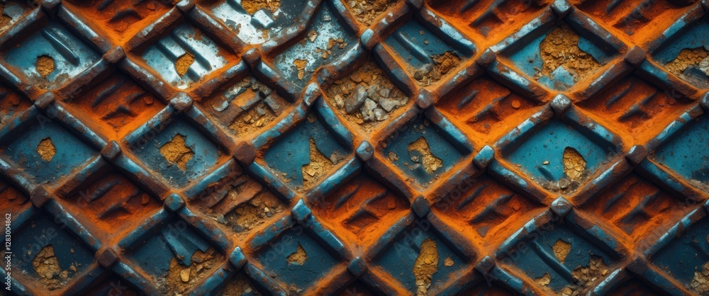 Poster rusty metal surface with geometric pattern showing decay and texture in blue and orange tones