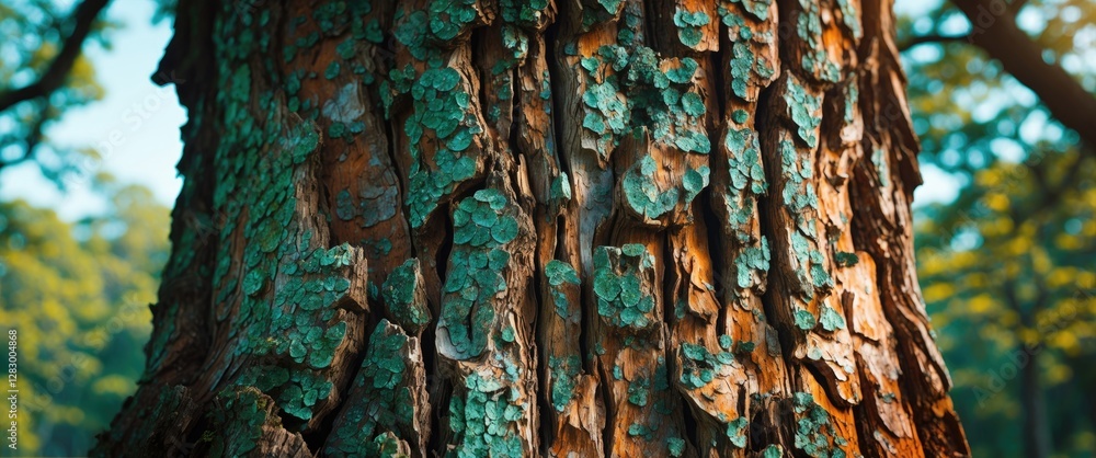 Poster Close-up view of textured tree bark with green lichen and natural background in soft focus sunlight.
