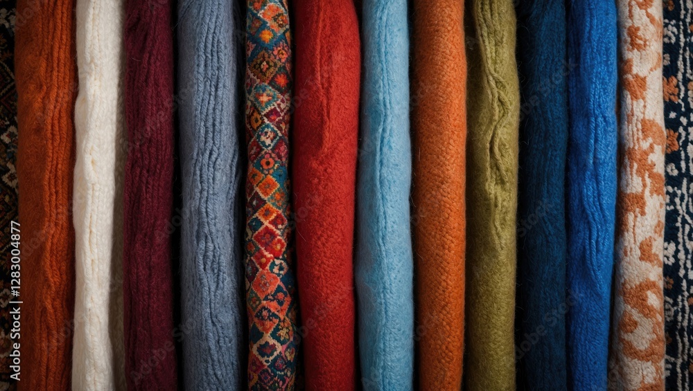 Poster colorful wool fabric textures arranged in a flat lay composition showcasing various patterns and hue