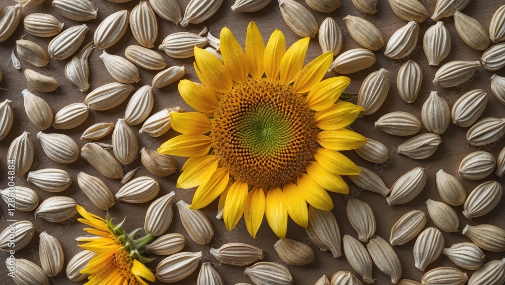 Poster sunflower surrounded by sunflower seeds on a textured surface highlighting natural patterns and colo