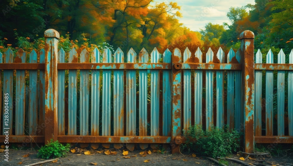 Poster rusty metal fence in an autumn landscape with colorful trees and foliage in the background. deterior