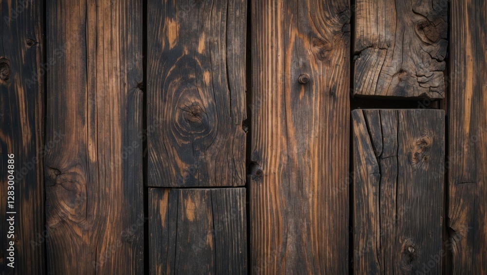 Aufkleber Dark weathered wooden planks with visible knots and natural grain patterns texture background