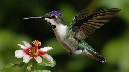 Fototapeta premium Violet Crowned Hummingbird Hovering Near a White and Red Flower with Green Sepals in a Lush Green Background Under Natural Lighting
