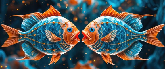 Two decorative fish with intricate patterns in vibrant colors swimming towards each other in an abstract underwater setting