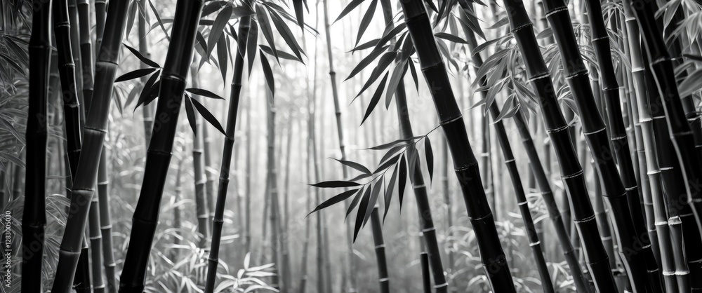 Aufkleber serene black and white bamboo forest background with soft light filtering through the dense foliage 