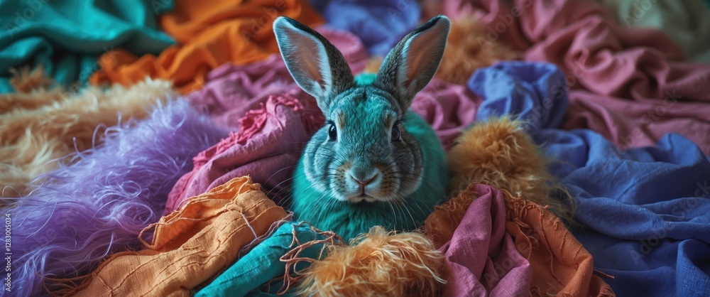 Aufkleber Rabbit resting on a colorful fabric backdrop with mixed textures in a soft and cozy environment