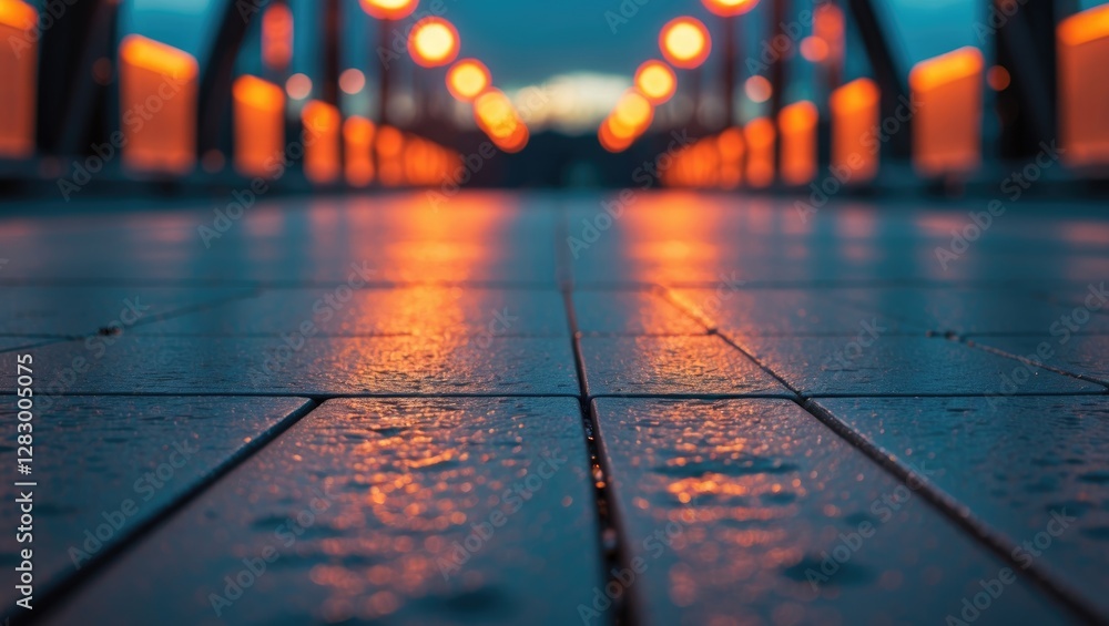 Poster Urban night scene with illuminated pathway and reflections on wet tiles in a modern bridge setting.