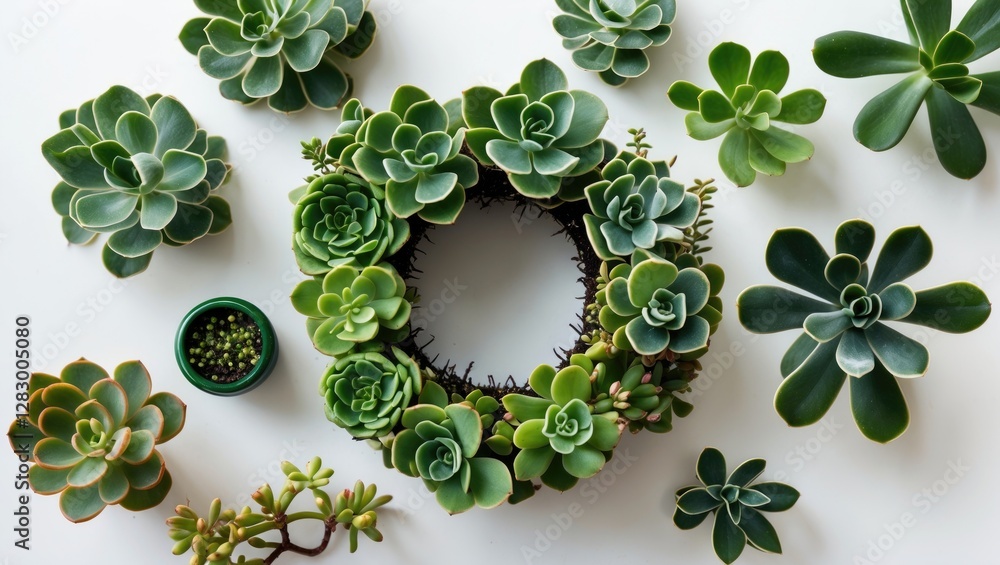 Poster succulent plants arranged in a circular pattern with diverse shapes and shades of green on a white b