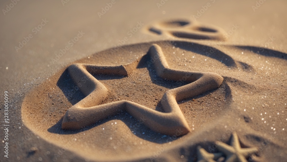 Poster sand starfish imprint on beach surface with fine grains and soft lighting creating textured details