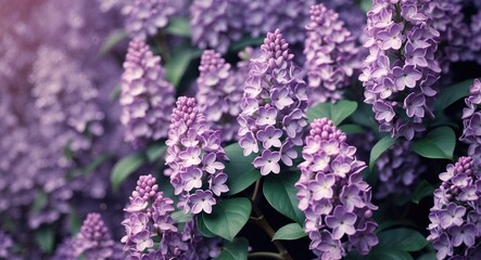Lilac flowers in full bloom with vivid purple clusters and lush green leaves in a natural setting