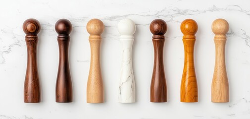 craft beer flavors craftsmanship. Handcrafted wooden tap handles, each representing a different signature craft beer style