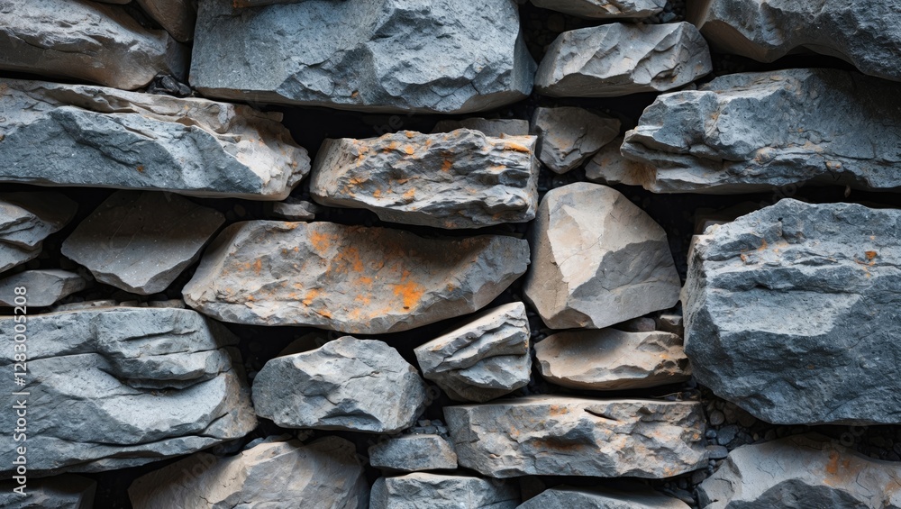 Poster Textured background of irregular gray stones arranged in a wall pattern with natural color variations and mineral deposits